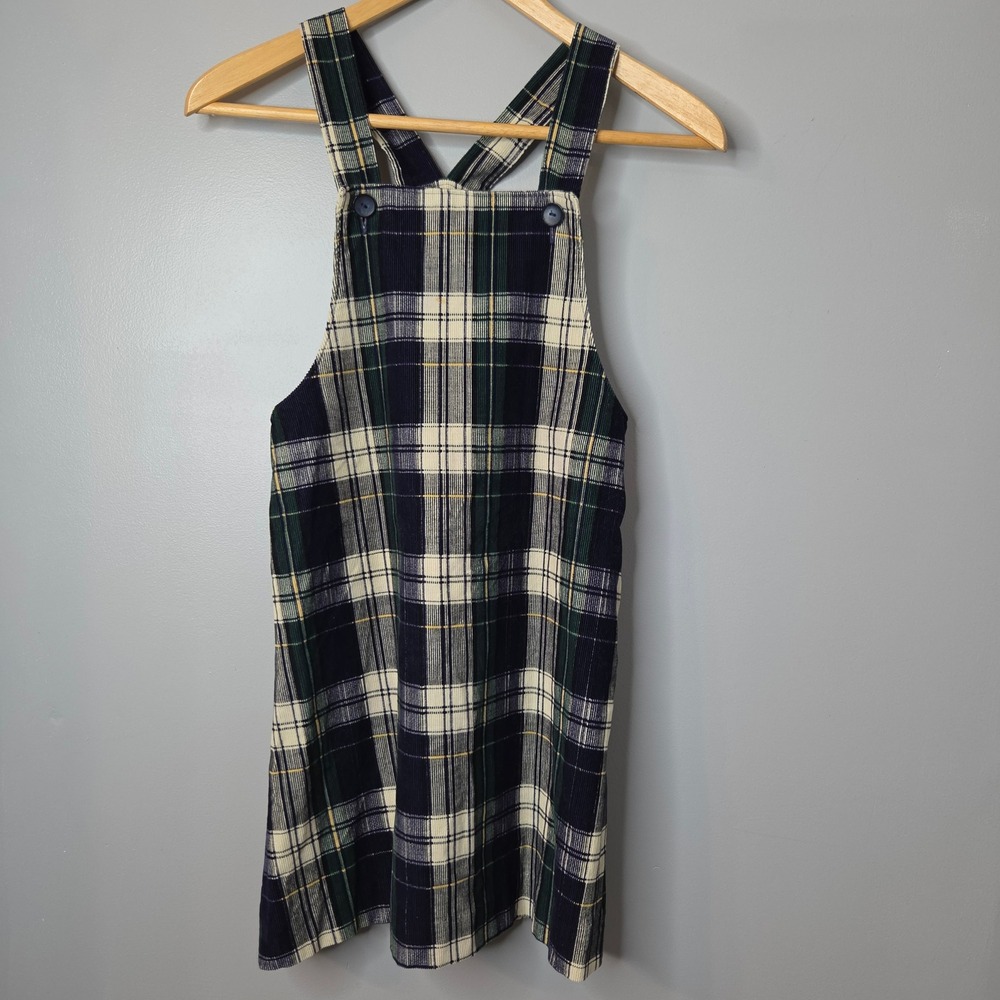 Vtg Plaid Corduroy Pinafore Dress Green Navy Blue Tartan Overall Jumper Youth